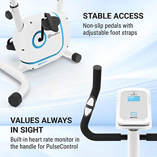 KLAR FIT Myon Cycle Bicicleta estática - Volante de inercia de 12kg, Tracción por Correa con tecnología Silent Belt, 8 Niveles, Pulsómetro, Altura Regulable, Soporte para Tablet, Blanco