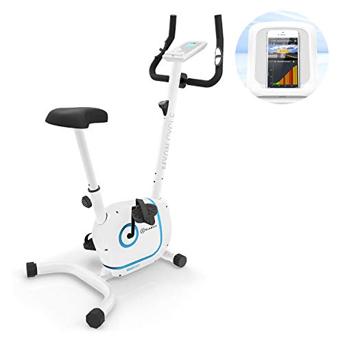 KLAR FIT Myon Cycle Bicicleta estática - Volante de inercia de 12kg, Tracción por Correa con tecnología Silent Belt, 8 Niveles, Pulsómetro, Altura Regulable, Soporte para Tablet, Blanco