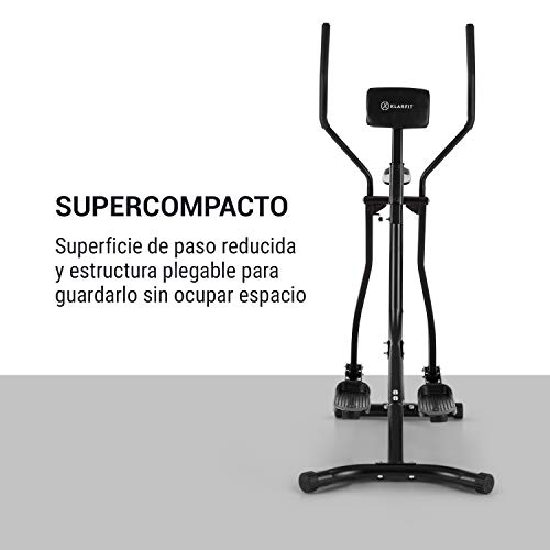 Klarfit Bogera X2 - Bicicleta elíptica, Ordenador de Entrenamiento, Acolchado para Abdomen Regulable, Pedales Bajos, Rstructura metálica con Revestimiento en Polvo, Plegable, Pantalla LCD, Negro