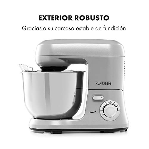 Klarstein Bella Robusta Metal - robot de cocina, carcasa de fundida a presión, cuenco de acero de 5,5 litros, función pulse, 1200 W en 6 niveles, gancho de amasar y remover, varillas, no salpica, gris