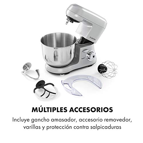 Klarstein Bella Robusta Metal - robot de cocina, carcasa de fundida a presión, cuenco de acero de 5,5 litros, función pulse, 1200 W en 6 niveles, gancho de amasar y remover, varillas, no salpica, gris