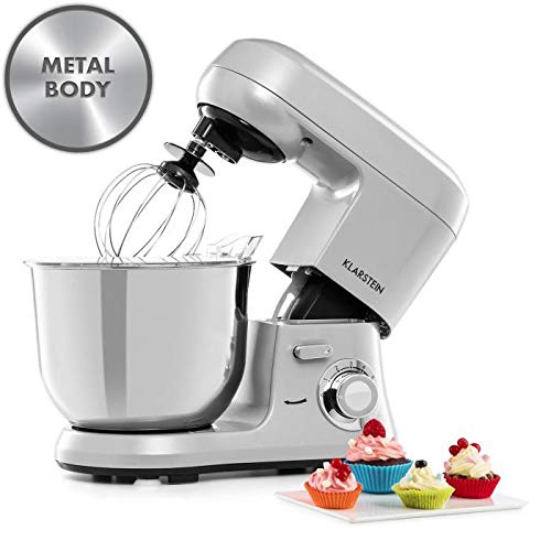 Klarstein Bella Robusta Metal - robot de cocina, carcasa de fundida a presión, cuenco de acero de 5,5 litros, función pulse, 1200 W en 6 niveles, gancho de amasar y remover, varillas, no salpica, gris