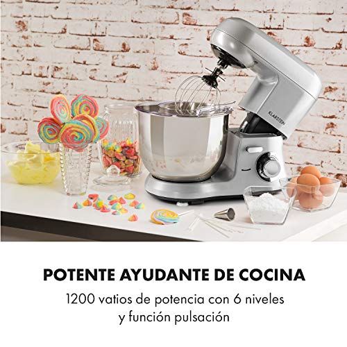 Klarstein Bella Robusta Metal - robot de cocina, carcasa de fundida a presión, cuenco de acero de 5,5 litros, función pulse, 1200 W en 6 niveles, gancho de amasar y remover, varillas, no salpica, gris