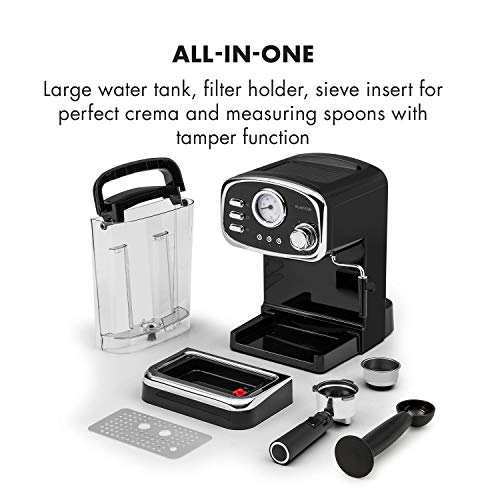 Klarstein Espressionata Gusto - Cafetera espresso, 1100 W de potencia, Presión de 15 bares, Depósito de agua de 1,25 litros, Boquilla de vapor, Termómetro, Bandeja de goteo extraíble, Negro