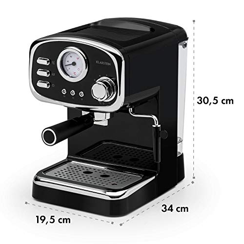 Klarstein Espressionata Gusto - Cafetera espresso, 1100 W de potencia, Presión de 15 bares, Depósito de agua de 1,25 litros, Boquilla de vapor, Termómetro, Bandeja de goteo extraíble, Negro