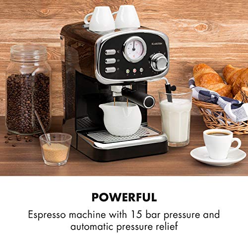 Klarstein Espressionata Gusto - Cafetera espresso, 1100 W de potencia, Presión de 15 bares, Depósito de agua de 1,25 litros, Boquilla de vapor, Termómetro, Bandeja de goteo extraíble, Negro