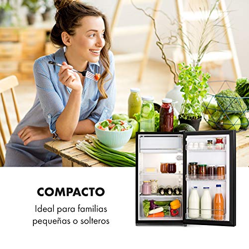Klarstein Luminance Frost nevera - Mininevera, Volumen 91 litros, Eficiencia de tipo A+, Cajón para verdura, 2 baldas de vidrio, 3 compartimentos en la puerta, 7 niveles de temperatura, Negro