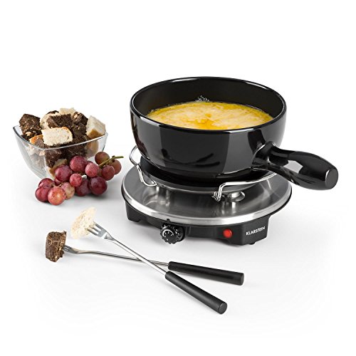 Klarstein Sirloin - Fondue de Queso, Para fiestas, Olla de cerámica esmaltada, Potencia de 1200 W, Placa de aluminio fundido, Termostato, Antideslizante, Negro