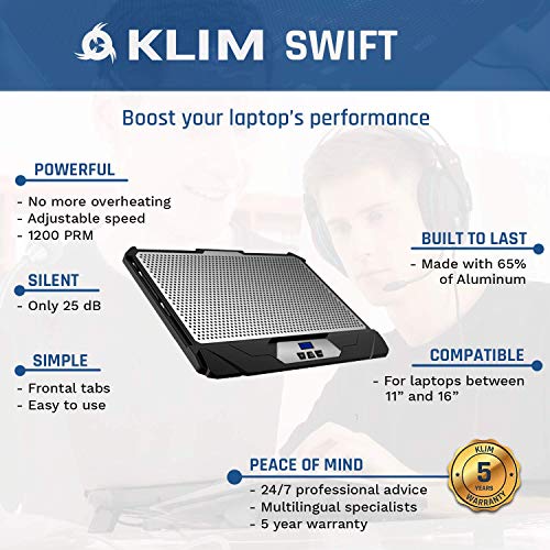 KLIM™ Swift Base de Refrigeración para Portátil Alto Rendimiento en Aluminio para PC y Mac con Soporte de Base de Refrigeración - Nueva Versión 2020 - Negro