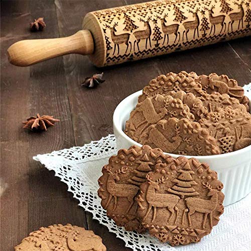 KOBWA Navidad Rodillo Amasar de Madera Embossing Rolling Pin - 35cm - Christmas Venados Navidad Relieve Estampado Madera Natural para Pizza Fondant Dough Galletas