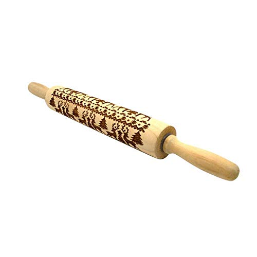 KOBWA Navidad Rodillo Amasar de Madera Embossing Rolling Pin - 35cm - Christmas Venados Navidad Relieve Estampado Madera Natural para Pizza Fondant Dough Galletas