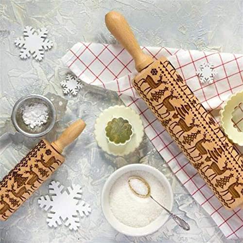 KOBWA Navidad Rodillo Amasar de Madera Embossing Rolling Pin - 35cm - Christmas Venados Navidad Relieve Estampado Madera Natural para Pizza Fondant Dough Galletas