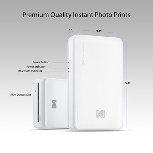 Kodak - Impresora fotográfica mini 2 HD, instantánea, inalámbrica y portátil, con tecnología de impresión patentada 4Pass, compatible con iOS y Android, blanco