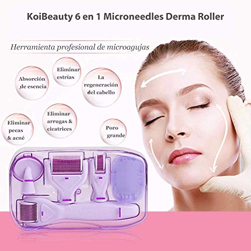 KoiBeauty Dermaroller Kit 6 en 1 Dermaroller 0.5mm 1mm 1.5mm 2mm Rodillo de microagujas Rodillo de microagujas Derma roller 1200, 720, 300 para el cuidado de la piel del cuerpo