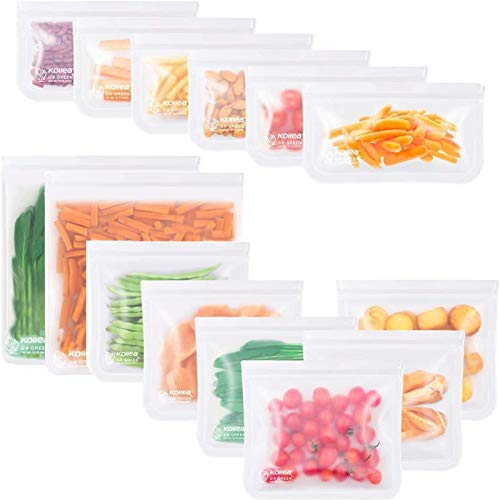 Kollea Bolsas de Silicona Reutilizables 12 Pack, Bolsas de conservación, Bolsas de Silicona Preservación de Alimento Hermética para Fruta Verduras Carne y sándwich, Ideal para Hogar Cocina y Viajes