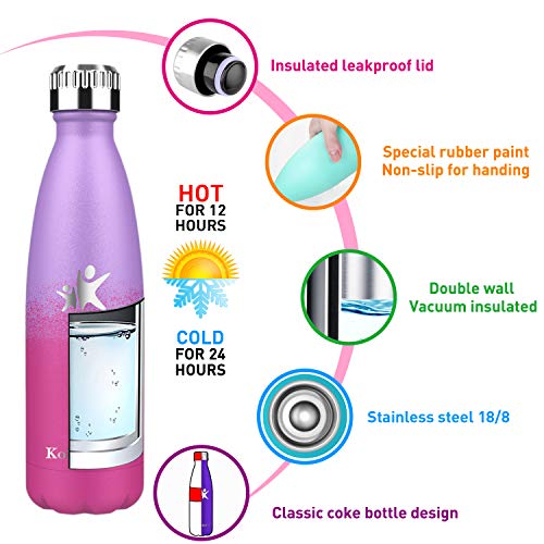 KollyKolla Botella de Agua Acero Inoxidable, Termo Sin BPA Ecológica, Botellas Termica Reutilizable Frascos Térmicos para Niños & Adultos, Deporte, Oficina, (350ml Violeta Claro + Barbie Rosa)