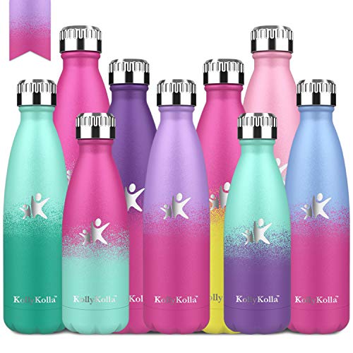 KollyKolla Botella de Agua Acero Inoxidable, Termo Sin BPA Ecológica, Botellas Termica Reutilizable Frascos Térmicos para Niños & Adultos, Deporte, Oficina, (350ml Violeta Claro + Barbie Rosa)