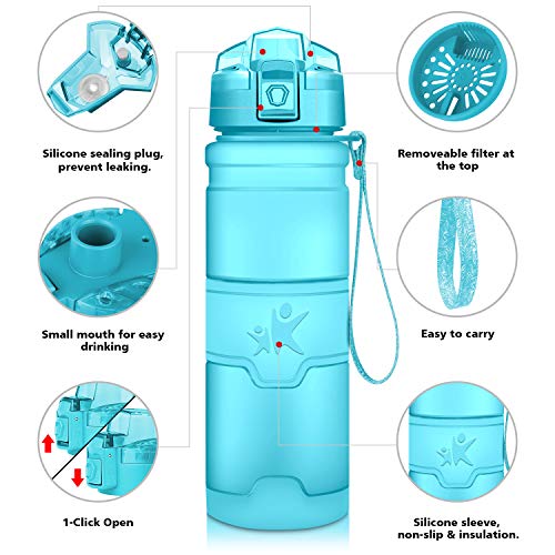 KollyKolla Botella de Agua Deporte, Botellas Sin BPA Tritan Plástico Reutilizables Ecológica con Filtro, Water Bottle para Niños & Adultos, Gimnasio, Yoga, Oficina, Colegio (1L Azul Claro Mate)