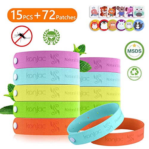 konjac Pulseras Repelentes de Mosquitos, 15 Pulseras Antimosquitos+72 Pegatinas Antimosquitos, Set de Repelentes de Insectos para niños o Adultos/Impermeable/No tóxico