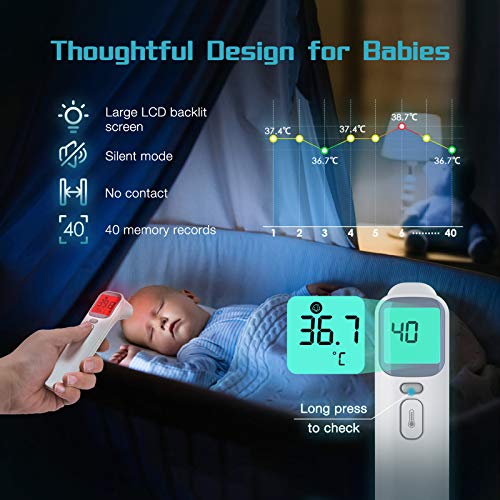 konjac termometro infrarrojos, termómetro digital termómetro sin contacto, modo 4 en 1 para medir el frente y oído, adultos y niños, con función de memoria de alarma de fiebre y pantalla LCD