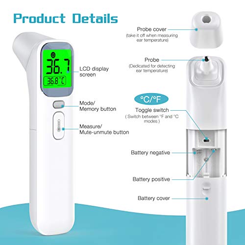konjac termometro infrarrojos, termómetro digital termómetro sin contacto, modo 4 en 1 para medir el frente y oído, adultos y niños, con función de memoria de alarma de fiebre y pantalla LCD