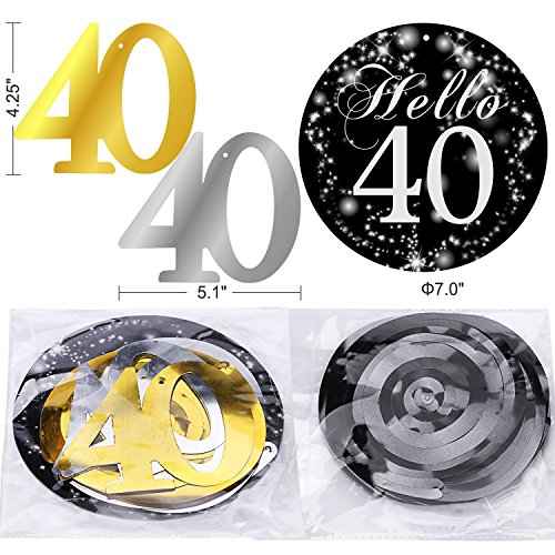 Konsait 40 cumpleaños Negro Colgar Remolino decoración de Techo (15 Cuentas), Feliz cumpleaños & 40 Mesa Confeti (1.05 oz) para Decoraciones de 40 cumpleaños Mujer Hombre