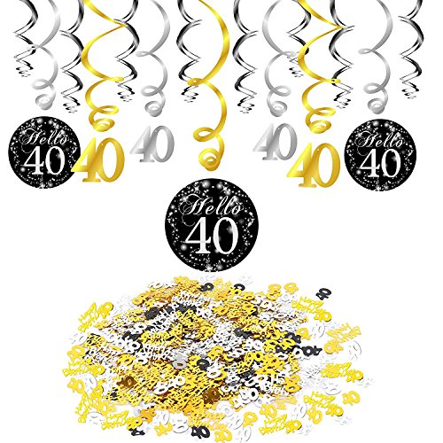Konsait 40 cumpleaños Negro Colgar Remolino decoración de Techo (15 Cuentas), Feliz cumpleaños & 40 Mesa Confeti (1.05 oz) para Decoraciones de 40 cumpleaños Mujer Hombre