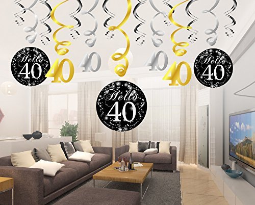 Konsait 40 cumpleaños Negro Colgar Remolino decoración de Techo (15 Cuentas), Feliz cumpleaños & 40 Mesa Confeti (1.05 oz) para Decoraciones de 40 cumpleaños Mujer Hombre