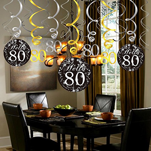 Konsait 80 cumpleaños Negro Colgar Remolino decoración de Techo (15 Cuentas), Feliz cumpleaños & 80 Mesa Confeti (1.05 oz) para Decoraciones de Fiesta de 50 cumpleaños Mujer Hombre