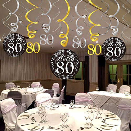 Konsait 80 cumpleaños Negro Colgar Remolino decoración de Techo (15 Cuentas), Feliz cumpleaños & 80 Mesa Confeti (1.05 oz) para Decoraciones de Fiesta de 50 cumpleaños Mujer Hombre