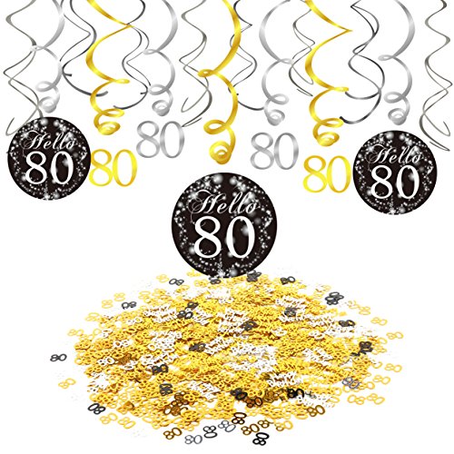 Konsait 80 cumpleaños Negro Colgar Remolino decoración de Techo (15 Cuentas), Feliz cumpleaños & 80 Mesa Confeti (1.05 oz) para Decoraciones de Fiesta de 50 cumpleaños Mujer Hombre