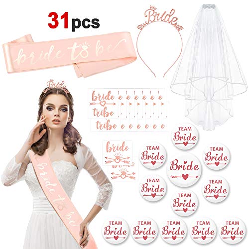 Konsait Despedida de Soltera Decoración, Kit de Novia Incluyen Nupcial Velo, Diadema Tiara, 16 Tatuajes, 12 Insignia, Banda, Despedida de Soltera Accesorios Amigas Disfrace