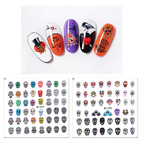 Konsait Halloween 3D Uñas Pegatinas Stickers Decoración 7 Hojas, Nail Art Pegatina de Cráneo Esqueleto Murciélago Fantasma Telaraña Uñas Envolturas Dedos para Halloween Uñas Diy Maquillaje Decoración