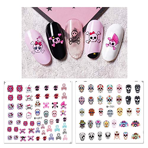 Konsait Halloween 3D Uñas Pegatinas Stickers Decoración 7 Hojas, Nail Art Pegatina de Cráneo Esqueleto Murciélago Fantasma Telaraña Uñas Envolturas Dedos para Halloween Uñas Diy Maquillaje Decoración