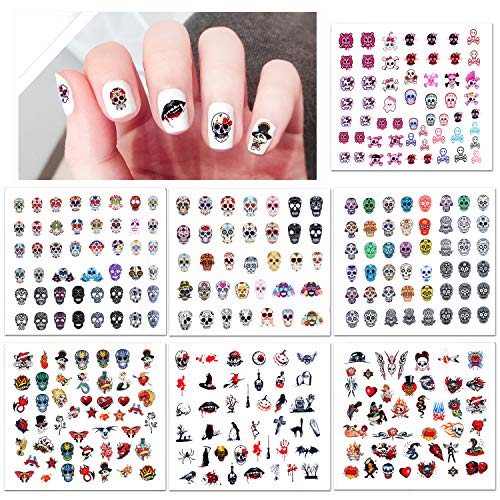 Konsait Halloween 3D Uñas Pegatinas Stickers Decoración 7 Hojas, Nail Art Pegatina de Cráneo Esqueleto Murciélago Fantasma Telaraña Uñas Envolturas Dedos para Halloween Uñas Diy Maquillaje Decoración