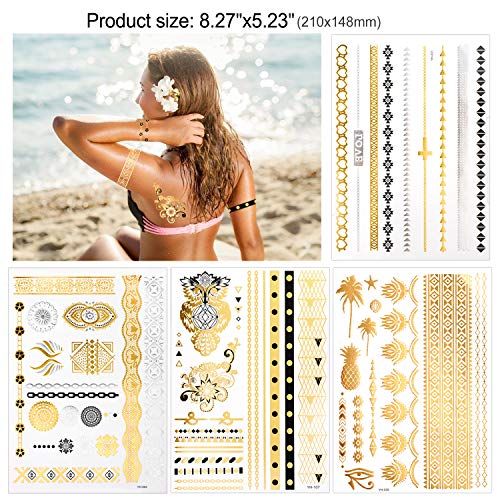 Konsait Tatuajes temporales para adultos Mujer Niños (12 hojas), impermeable Metálico Oro Flash Tatuaje Temporal Adhesivos, Flores Flechas Plumas Pulseras Muñequera