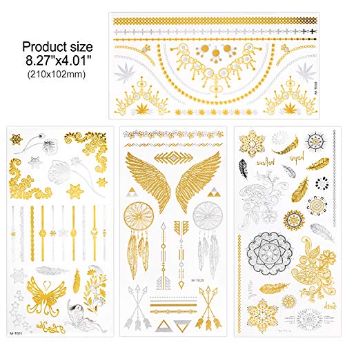 Konsait Tatuajes temporales para adultos Mujer Niños (12 hojas), impermeable Metálico Oro Flash Tatuaje Temporal Adhesivos, Flores Flechas Plumas Pulseras Muñequera