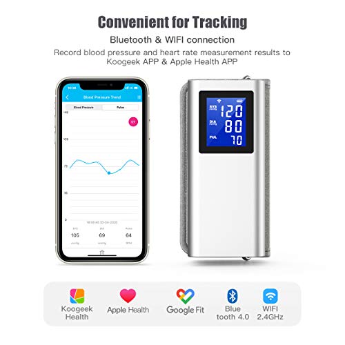 Koogeek Tensiómetro de Brazo Digital Bluetooth/WIFI, Monitor Automático de Presión Arterial, Medir la Frecuencia Cardíaca, FDA y CE Certificado con Gran LCD Pantalla Conectado con App para iOS/Android