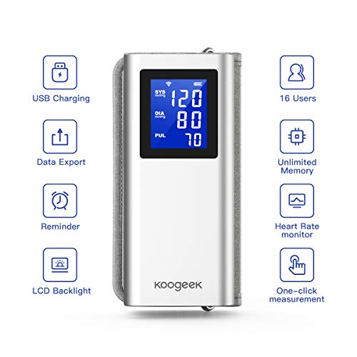 Koogeek Tensiómetro de Brazo Digital Bluetooth/WIFI, Monitor Automático de Presión Arterial, Medir la Frecuencia Cardíaca, FDA y CE Certificado con Gran LCD Pantalla Conectado con App para iOS/Android