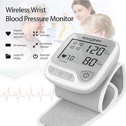 Koogeek Tensiómetro de Muñeca Digital, Monitor de Presión Arterial y Pulso de Frecuencia, Bluetooth Medir la Frecuencia Cardíaca, Función de Memoria, con Gran LCD pantalla, APP para IOS y Android