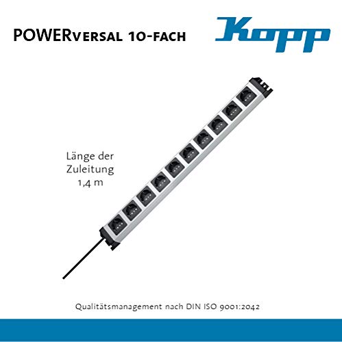 Kopp POWERversal Interior 10AC outlet(s) 1.4m Negro, Plata base múltiple - Bases múltiples (Interior, 1,4 m, 10 salidas AC, Tipo F, Negro, Plata, 16 A)