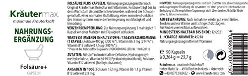 Kräutermax Ácido fólico 400 µg más cápsulas 1 x 90 piezas Alta dosis para el embarazo