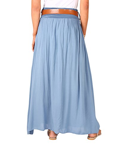 KRISP 4809-DNM-SM, Falda Larga Bohemia Elegante Plisada Hippie Cintura Elástica, Azul Vaquero (4809), S/M
