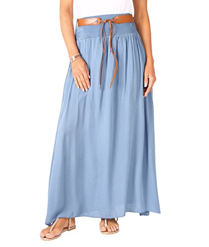 KRISP 4809-DNM-SM, Falda Larga Bohemia Elegante Plisada Hippie Cintura Elástica, Azul Vaquero (4809), S/M