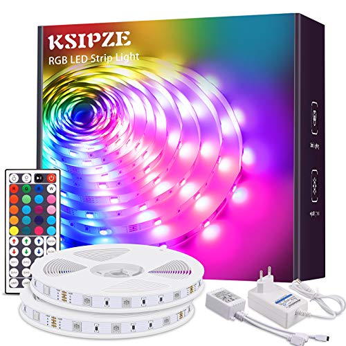 KSIPZE - Tira de luces LED RGB con cambio de color de 12 m, con mando a distancia de 44 botones y fuente de alimentación para la iluminación de armarios, decoración del hogar, bar, cocina, fiesta
