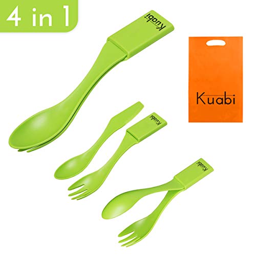 Kuabi Cubiertos Camping 4 en 1 Tenedor Cuchara Cuchillo Pinzas Reutilizable Cubiertos para Llevar Porta Cubiertos Viaje Acampada Picnic Oficina Cubierto Camping sin BPA Apto lavavajillas