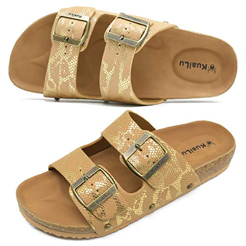 KuaiLu Sandalias de Pala Mujer Metálico Piel Verano Sandalias Bio Ajustable Buckle Comodas Plataforma Mules Planas Zuecos Piel de Serpiente Marrón 39
