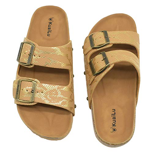KuaiLu Sandalias de Pala Mujer Metálico Piel Verano Sandalias Bio Ajustable Buckle Comodas Plataforma Mules Planas Zuecos Piel de Serpiente Marrón 39