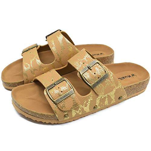 KuaiLu Sandalias de Pala Mujer Metálico Piel Verano Sandalias Bio Ajustable Buckle Comodas Plataforma Mules Planas Zuecos Piel de Serpiente Marrón 39
