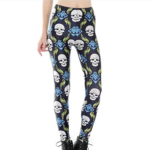 KUDALL Medias Leggings Gimnasio Pantalones De Yoga Aire Libre Deportes Elásticos Slim Leggings Personalidad Creativa Imprimir Cráneo Negro Cintura Alta Trouse De Trucha, S